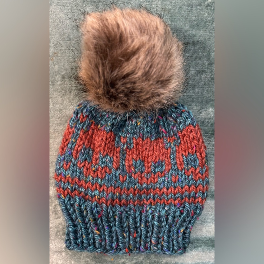 Handmade Hand Crafted Adult Knit Skull hat turquoise and rust